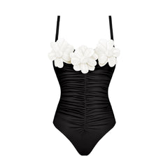 Bright Pink Ruched Swimwear with Flower Accents