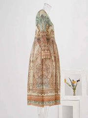 Vintage Tapestry Print Pleated Midi Dress