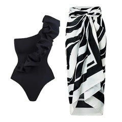 Black One-Shoulder Ruffle Swimsuit with Matching Zebra Stripe Sarong
