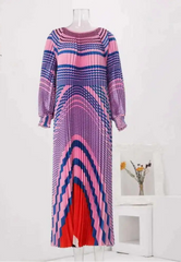 Geometric Wave Print Pleated Maxi Dress