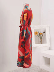 Vibrant Geometric Print Pleated Wrap Dress