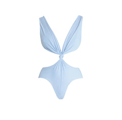 Light Blue Knot Front Cutout Swimsuit with Abstract Print Sarong