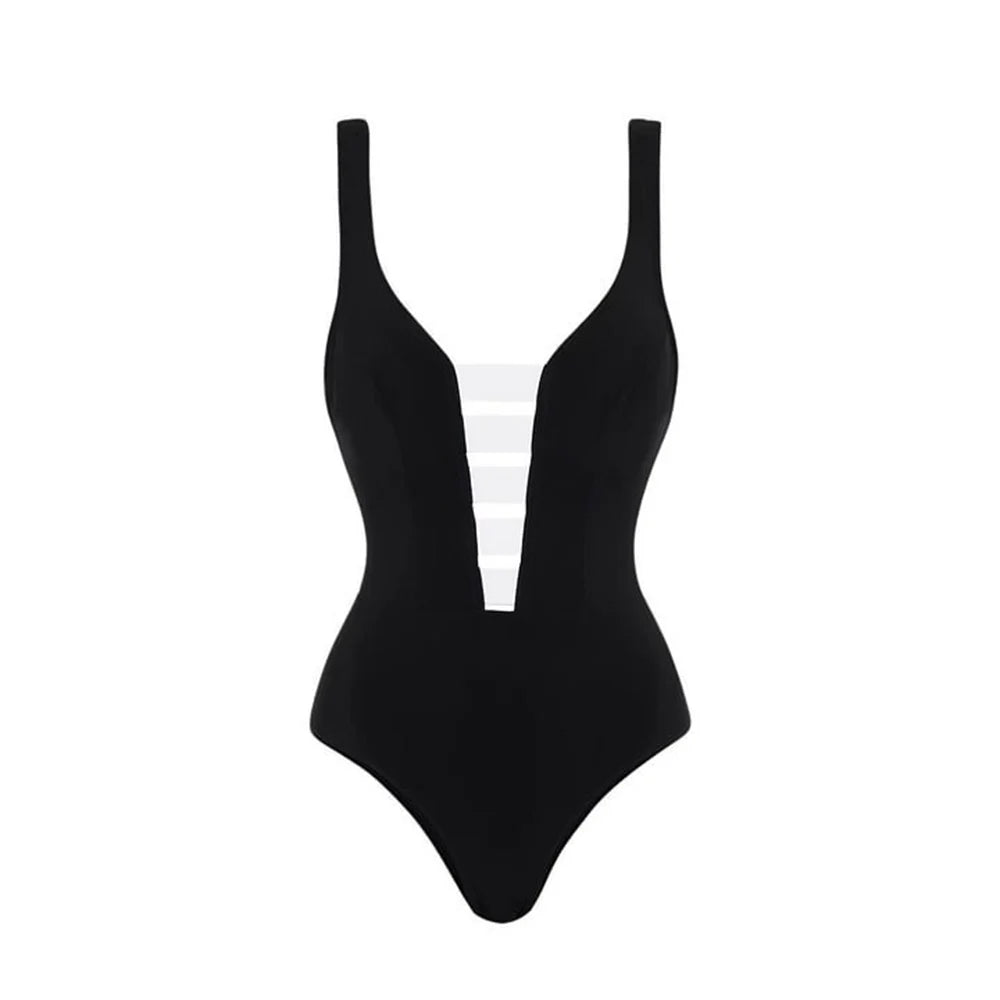 Sheer Inset Deep V-Neck Swimsuit with Cascading Ruffle Sarong