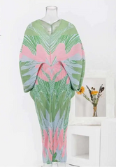 Abstract Floral Pleated Kimono Maxi Dress