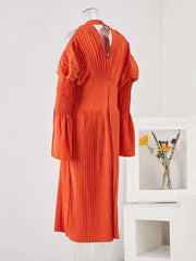 Burnt Orange Cold Shoulder Pleated Midi Dress