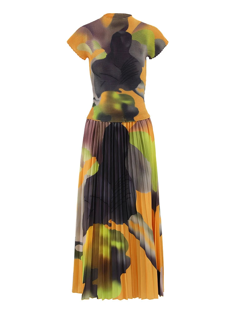 Abstract Sunset Pleated Midi Dress