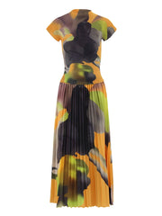 Abstract Sunset Pleated Midi Dress
