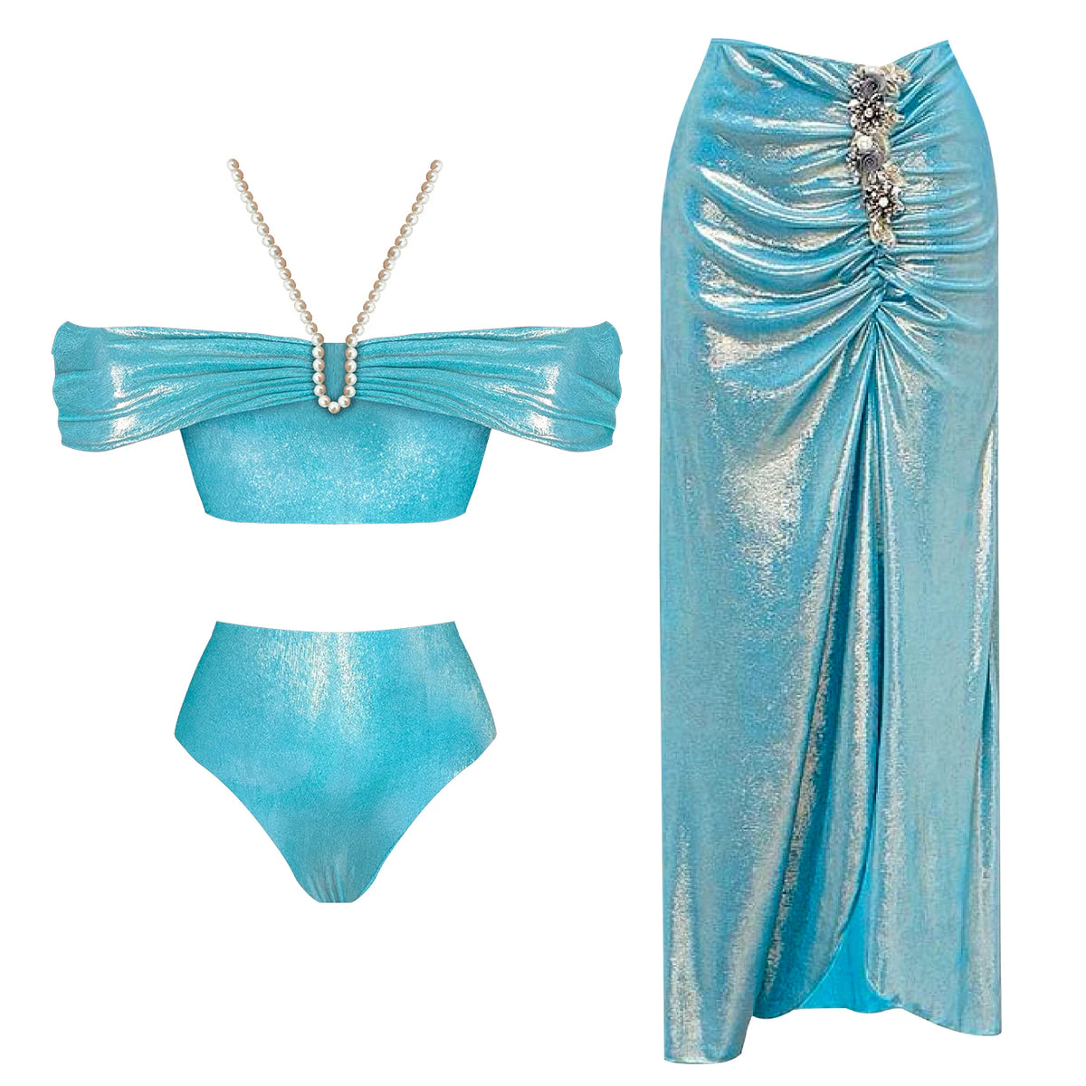 Glamorous Off-Shoulder Swimsuit with Pearl Necklace