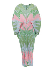 Abstract Floral Pleated Kimono Maxi Dress
