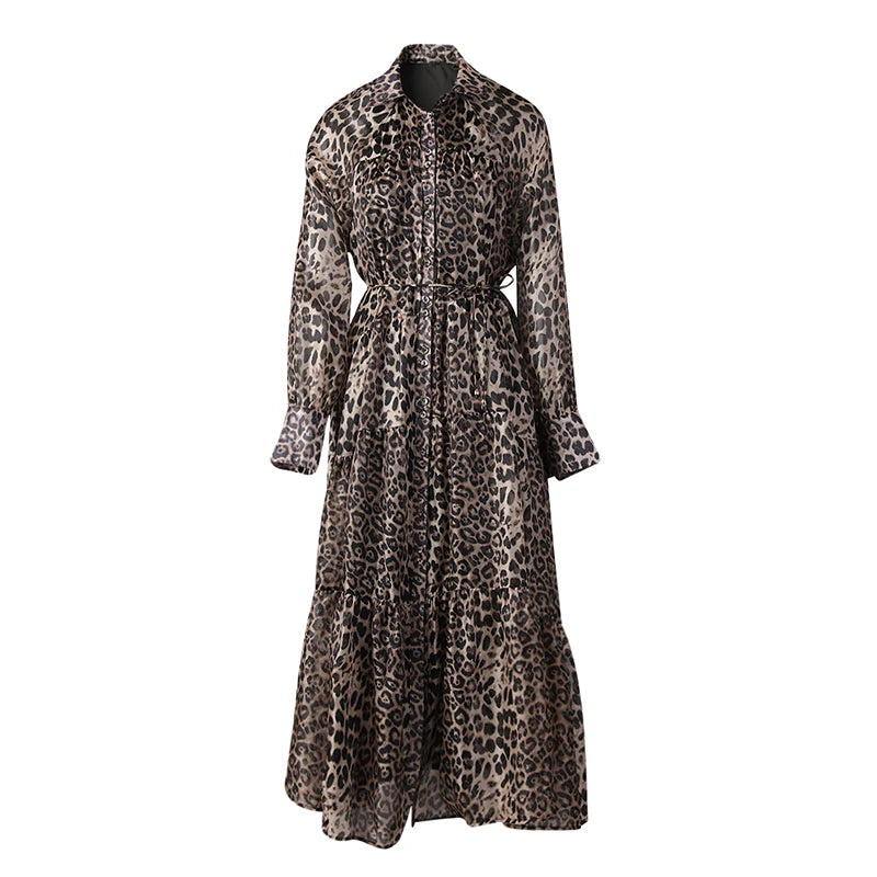 Chic Leopard Print Sheer Button-Down Midi Dress