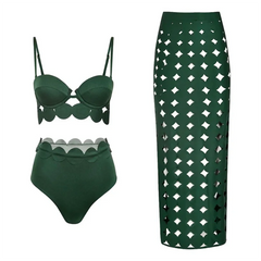 Deep Green Geo-Cut Swimsuit with Scalloped Trim and Skirt