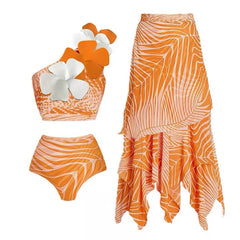 Sunny Citrus Swirl One-Shoulder Bikini with Floral Detail and Ruffle Sarong