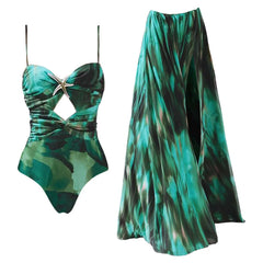 Seafoam Starfish Swimsuit with Flowing Ocean Print Sarong