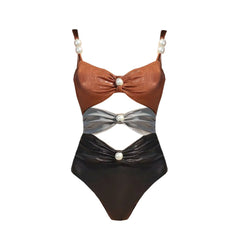 Tri-Tone Metallic Cutout Swimsuit with Matching Bronze Skirt