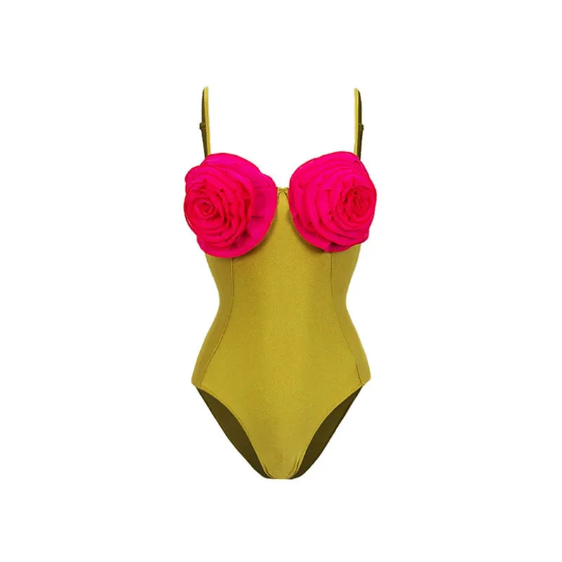 Golden Bloom Fuchsia Rose Swimsuit with Matching Mini
