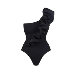 Black One-Shoulder Ruffle Swimsuit with Matching Zebra Stripe Sarong