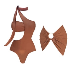 Brown One-Shoulder Cutout Swimsuit with Tie & Ring Cover-Up