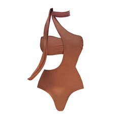 Brown One-Shoulder Cutout Swimsuit with Tie & Ring Cover-Up