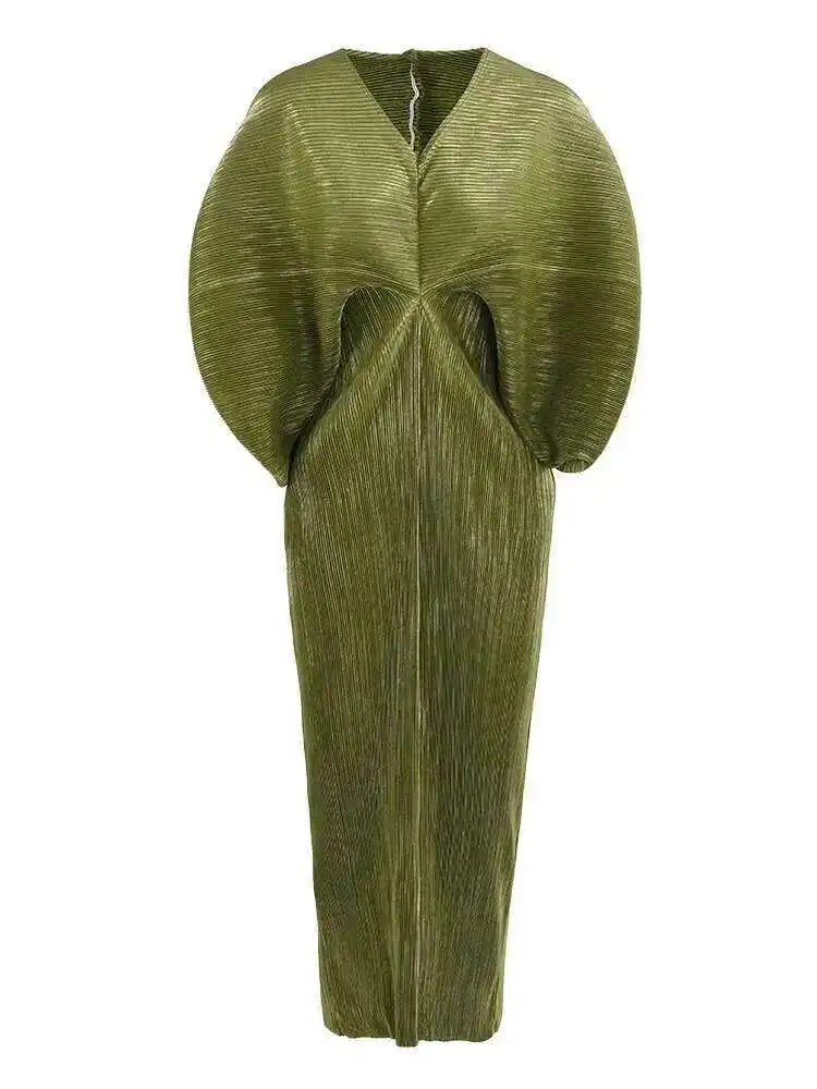 Avant-Garde Olive Green Pleated Maxi Dress