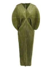 Avant-Garde Olive Green Pleated Maxi Dress