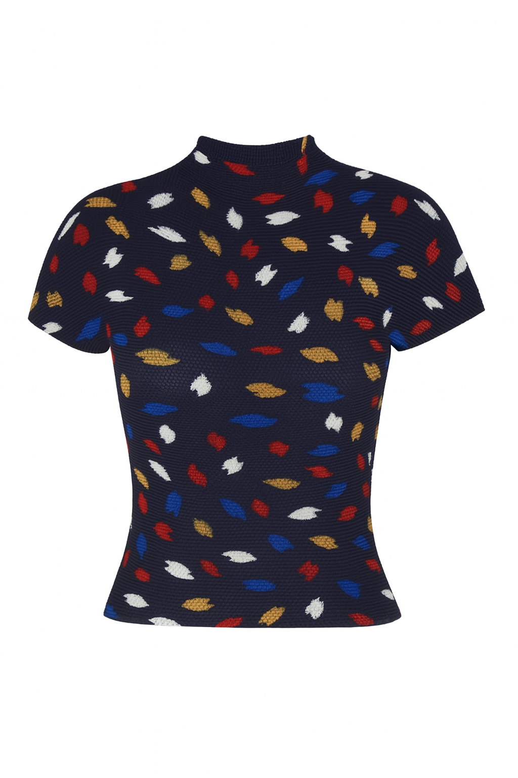 Navy Multicolor Leaf Print Pleated Knit Top