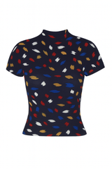Navy Multicolor Leaf Print Pleated Knit Top