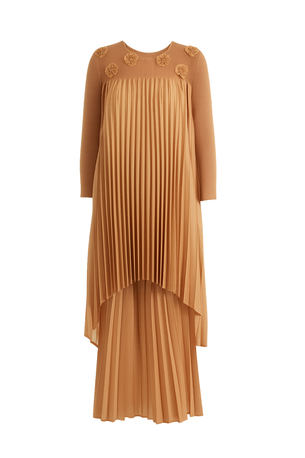 Modest Camel Pleated Layered Maxi Dress