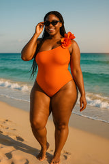 Vibrant Orange One-Shoulder Ruffle Swimsuit