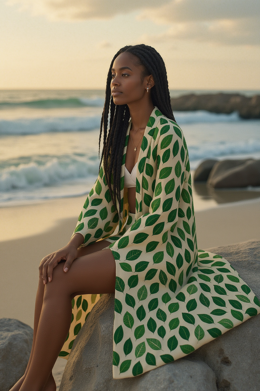 Vibrant Multi-Color Leaf Print Kimono Maxi Dress