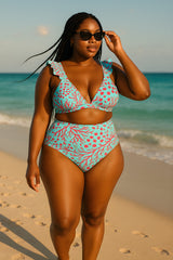 Coral Reef Ruffle Bikini Set with Matching High-Waist Pants