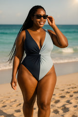 Two-Tone Twisted V-Neck Swimsuit